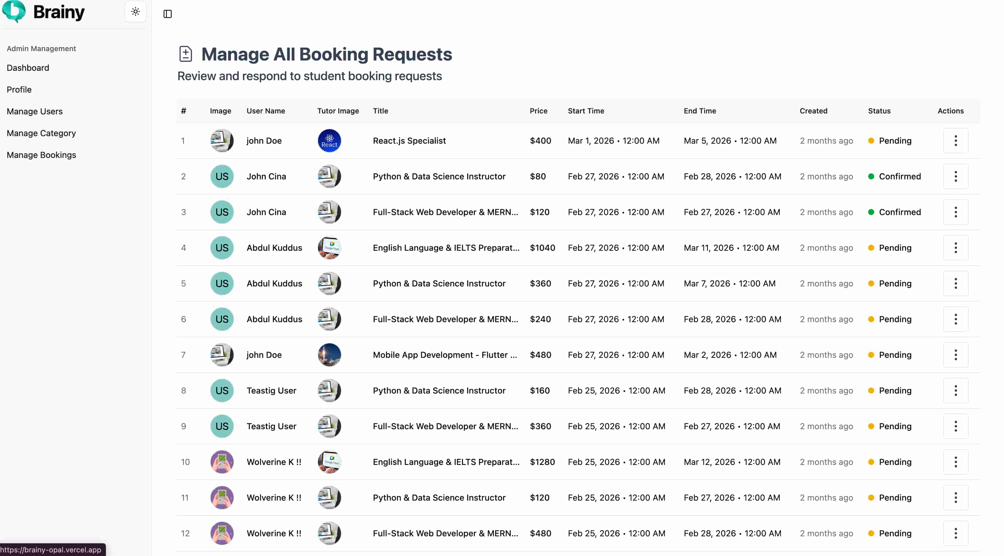 Manage Bookings