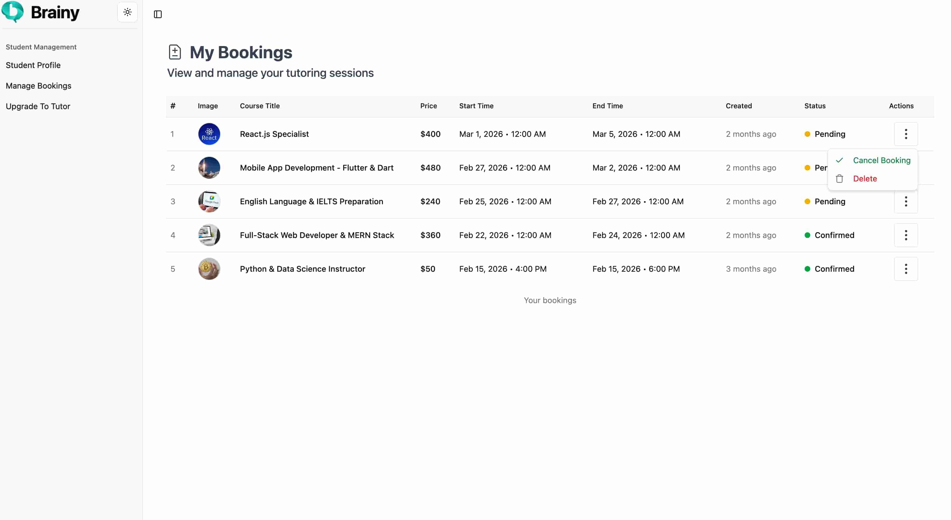 User Bookings